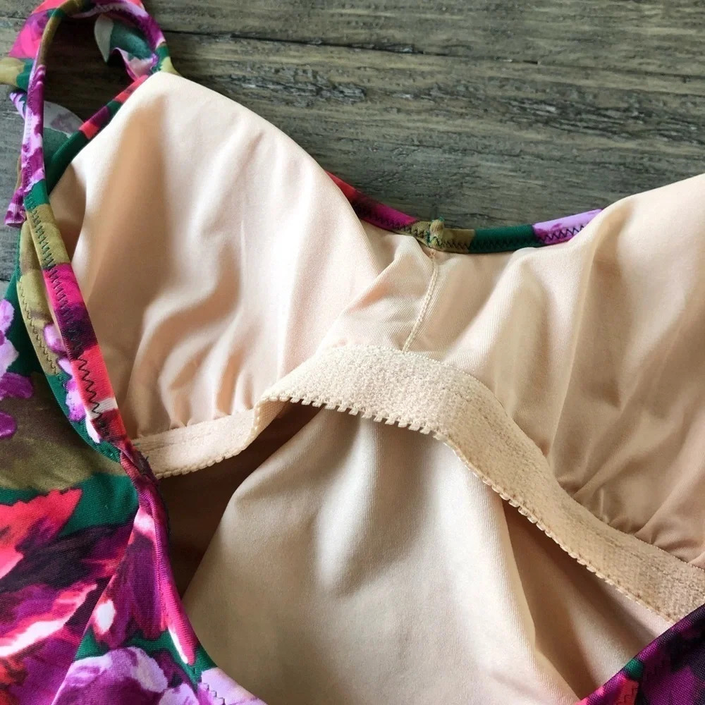 J Crew Womens XS Ruffle Trimâ One Piece Swimsuit Darn Green Floral Pink Lined - Picture 6 of 6